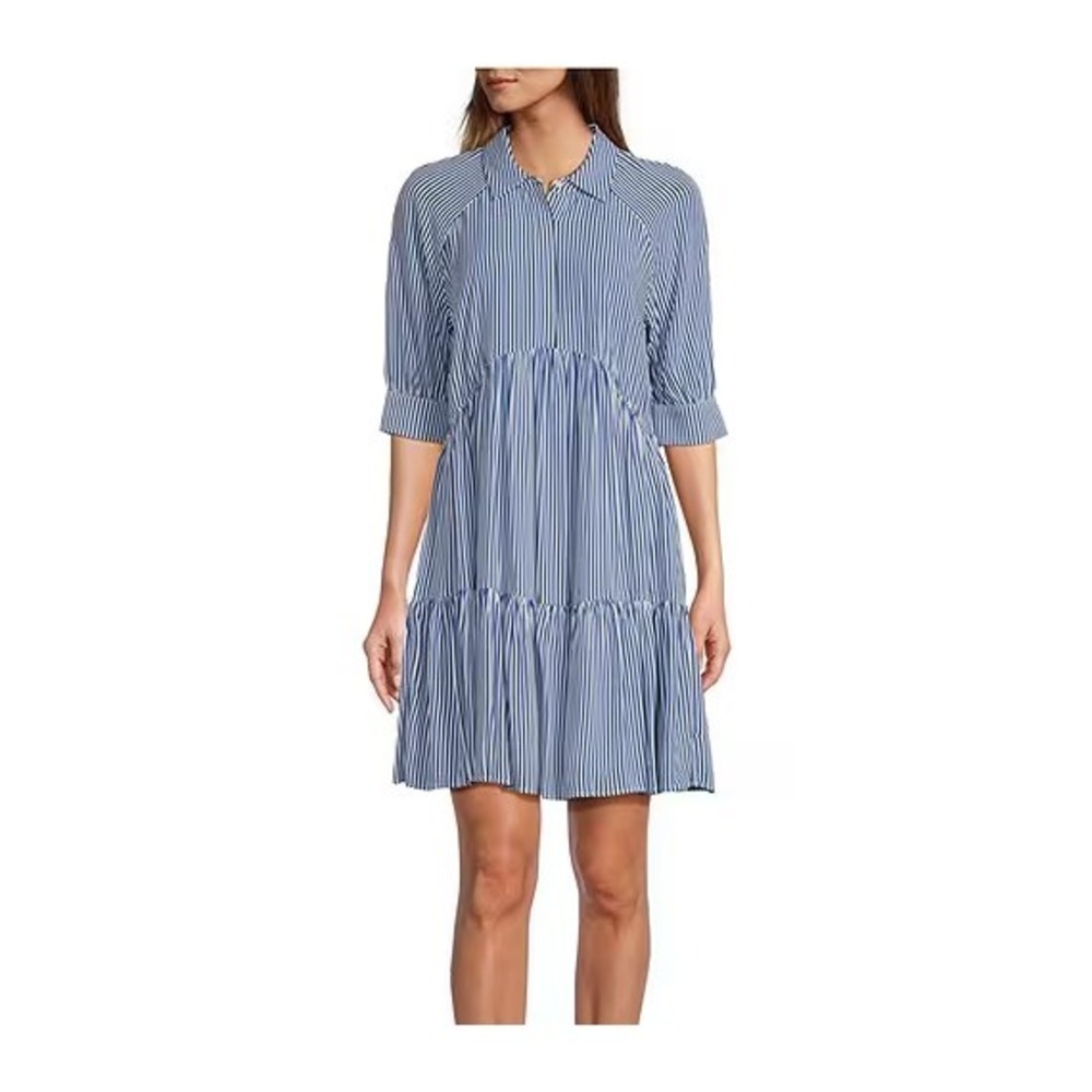 A‎ LOVES A Dress Size SMALL Blue Striped 3/4 Cuffed Sleeve Button Up Shirt